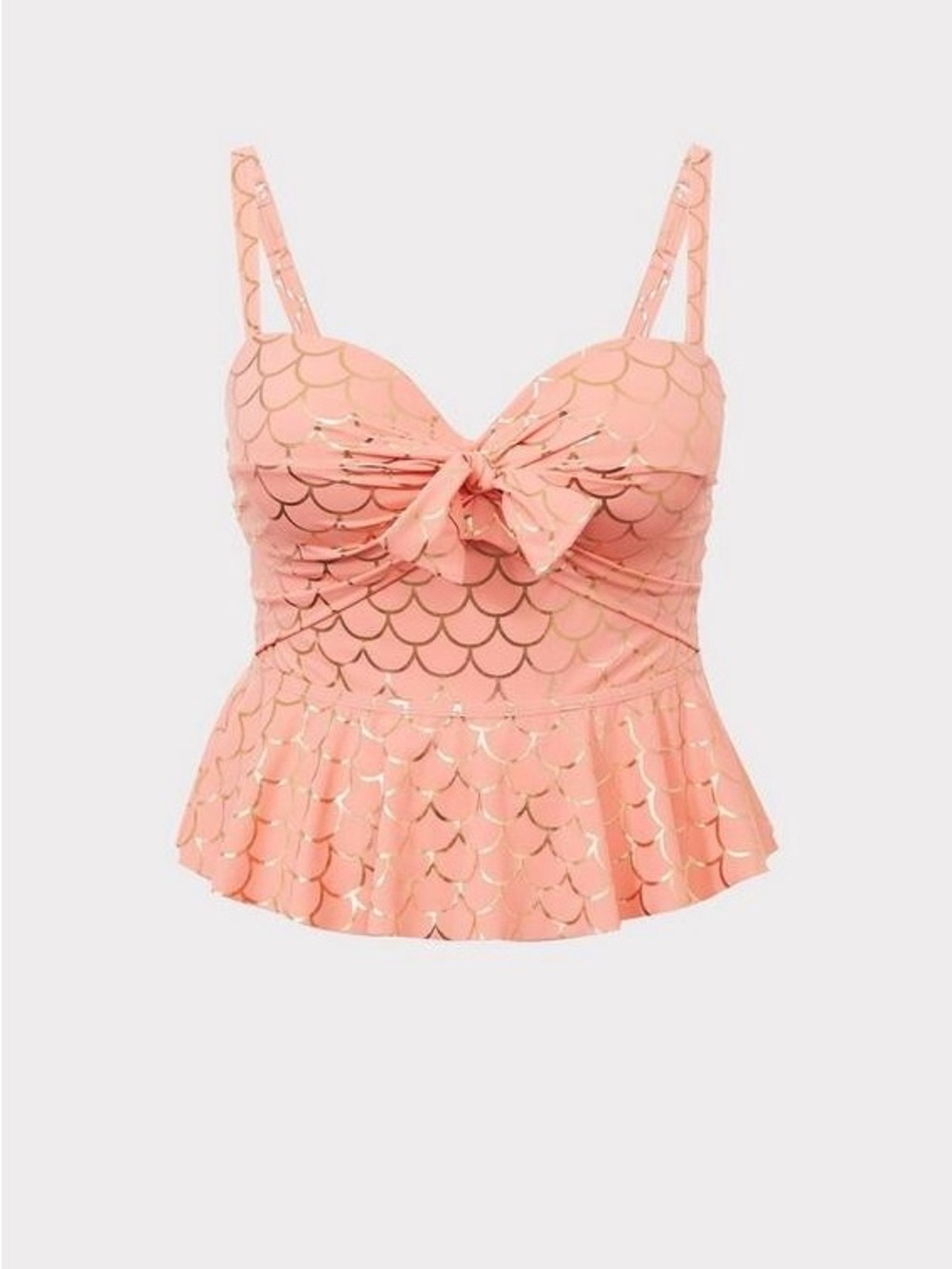peach and gold mermaid scale peplum tankini top features a tie-front